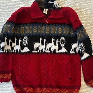 100% Wool Red Alpaca Patterned Fleece Jacket